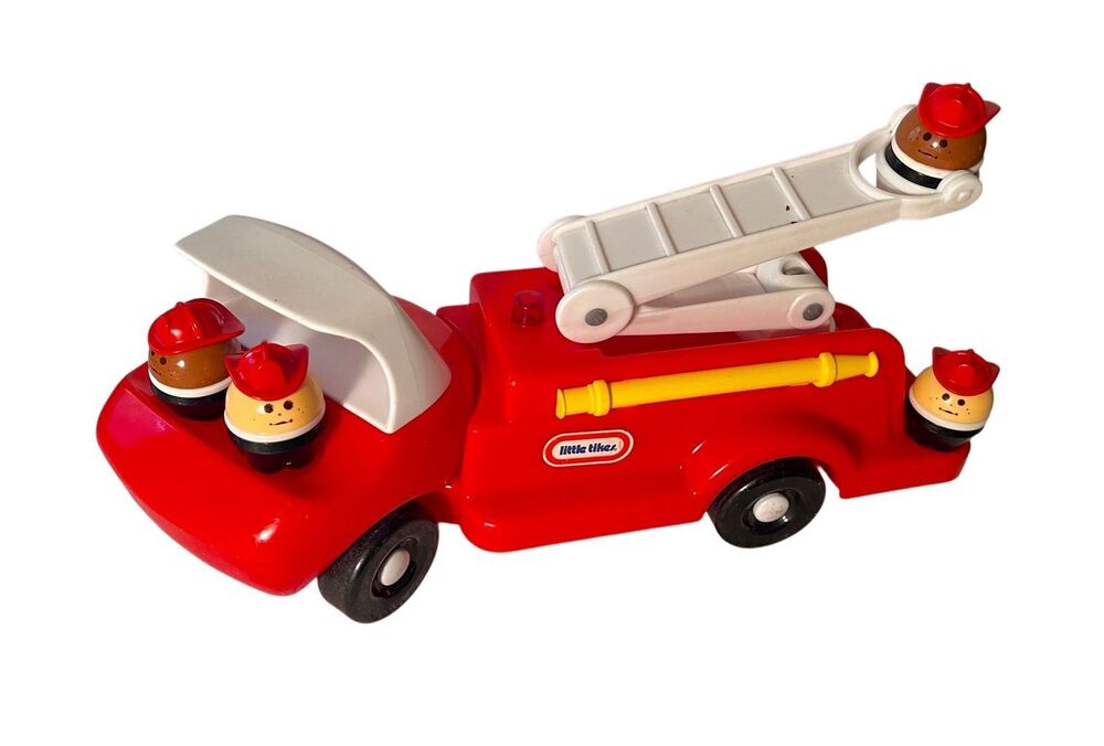 Vintage Little Tikes Red Fire Truck Ladder Plus 4 Firemen Toy 1980s Made in USA
